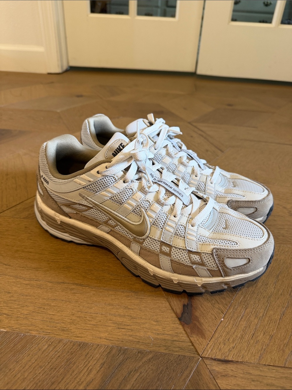 Nike P-6000 White and Tan Low-Top Athletic Sneakers